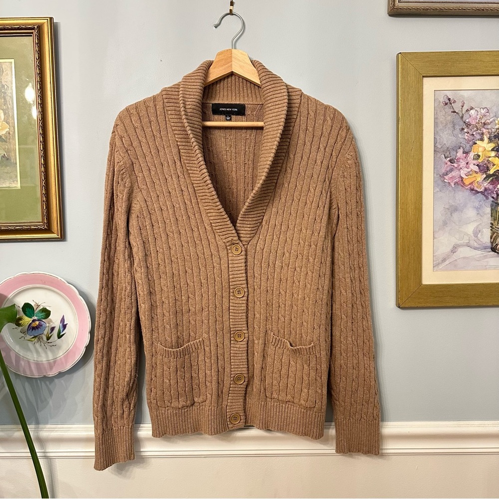 Tan Cable Knit Cardigan Sweater Large Chunky Preppy Cashmere Chunky Academia